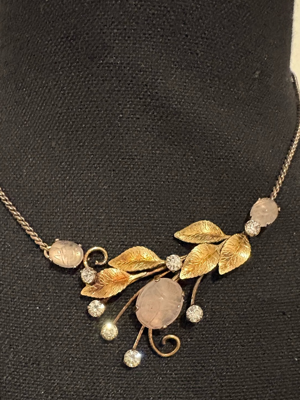 Vintage Gold Leaf & Rose Quartz Necklace - Elegant Women's Jewelry